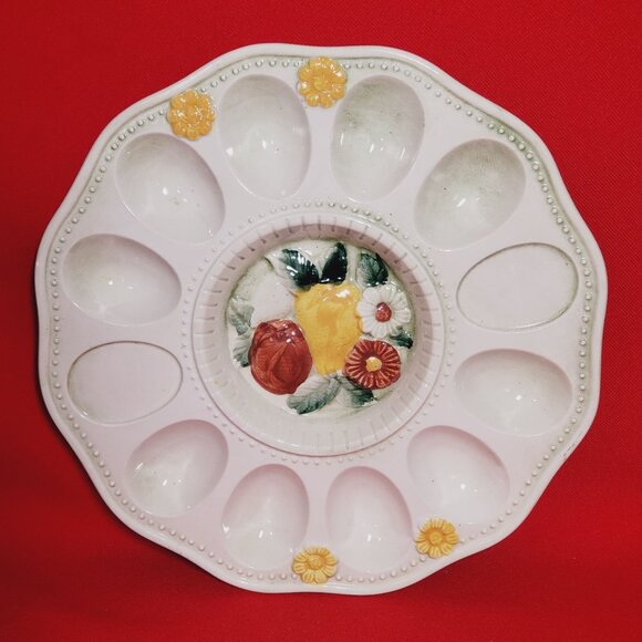 Deviled Egg Plate Serving Platter Tray Fruit Floral Center - Picture 1 of 10